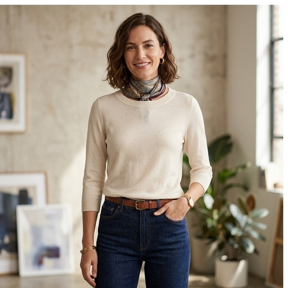 J.Crew Merino Wool Sweater Women Small Ivory 3/4 Sleeve Crewneck Knit Minimalist